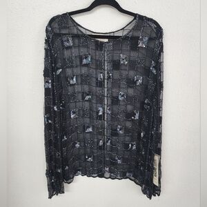 VTG NWT Chic Black Sheer Fully beaded checkered pattern Women's Blouse sz 2X
